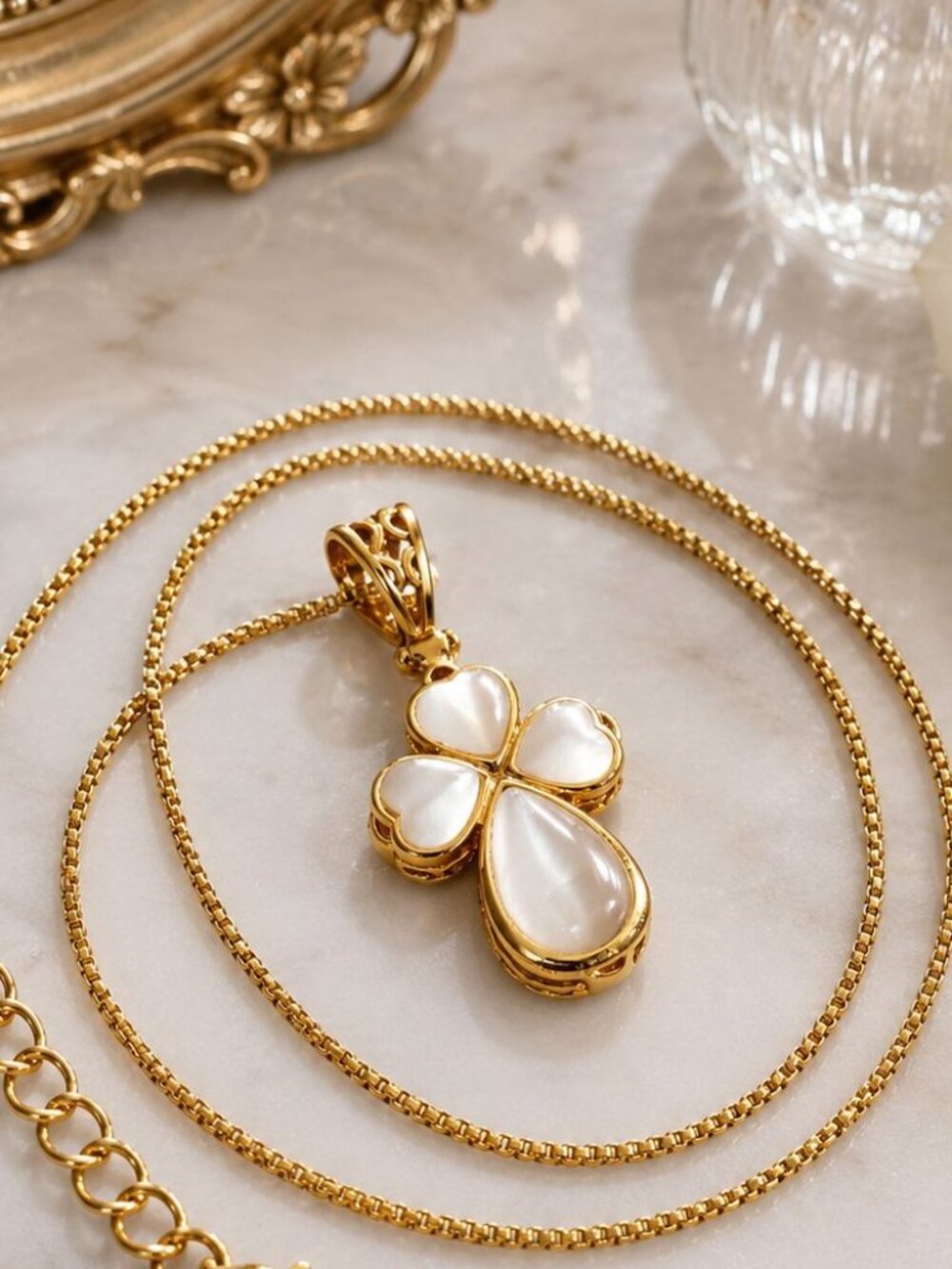 Vintage Avon Reversible Gold Tone White Cross Necklace Faux Mother of Pearl